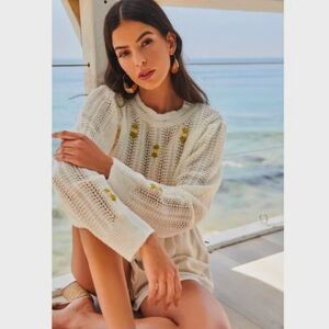 ASTR the Label Floral Embroidered Pointelle Sweater Cream Cottagecore Knit Sz M